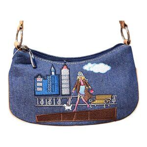 Frankie and Johnny Jean Denim Shoulder Bag Embroidered Cityscape Dog Walker NEW